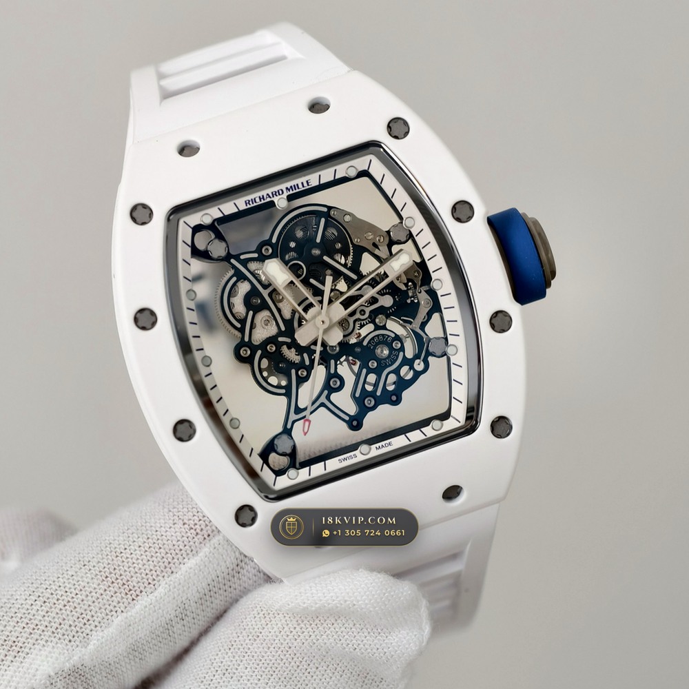 Richard Mille RM 055 Bubba Watson Manual Winding Hand-Chamfered Bevel Spec — Private Vault Edition — Studio Gallery Plate III in ATZ White Ceramic & Grade 5 Titanium (66.6g Verified Mass, Richard Mille Cal. RMUL2 Grade 5 Titanium Skeleton)