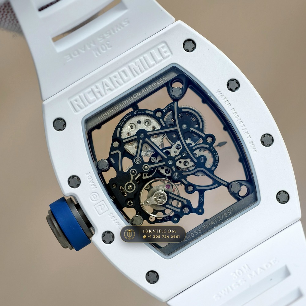 Richard Mille RM 055 Bubba Watson Manual Winding Hand-Chamfered Bevel Spec — Private Vault Edition — Studio Gallery Plate VII in ATZ White Ceramic & Grade 5 Titanium (66.6g Verified Mass, Richard Mille Cal. RMUL2 Grade 5 Titanium Skeleton)