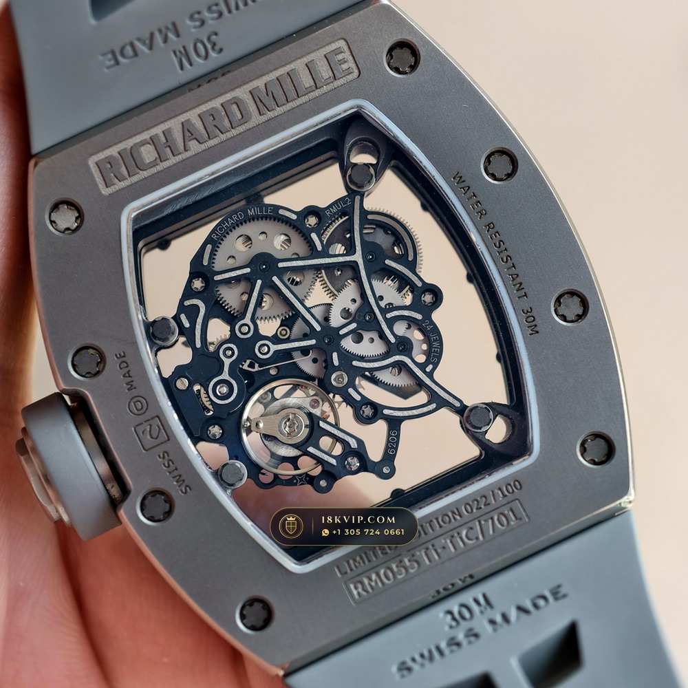Richard Mille RM 055 Bubba Watson Manual Winding Sunburst Rhodium / Slate Grey Dial — Private Vault Edition — Studio Gallery Plate VII in ATZ White Ceramic & Grade 5 Titanium (66.7g Verified Mass, Richard Mille Cal. RMUL2 Grade 5 Titanium Skeleton)