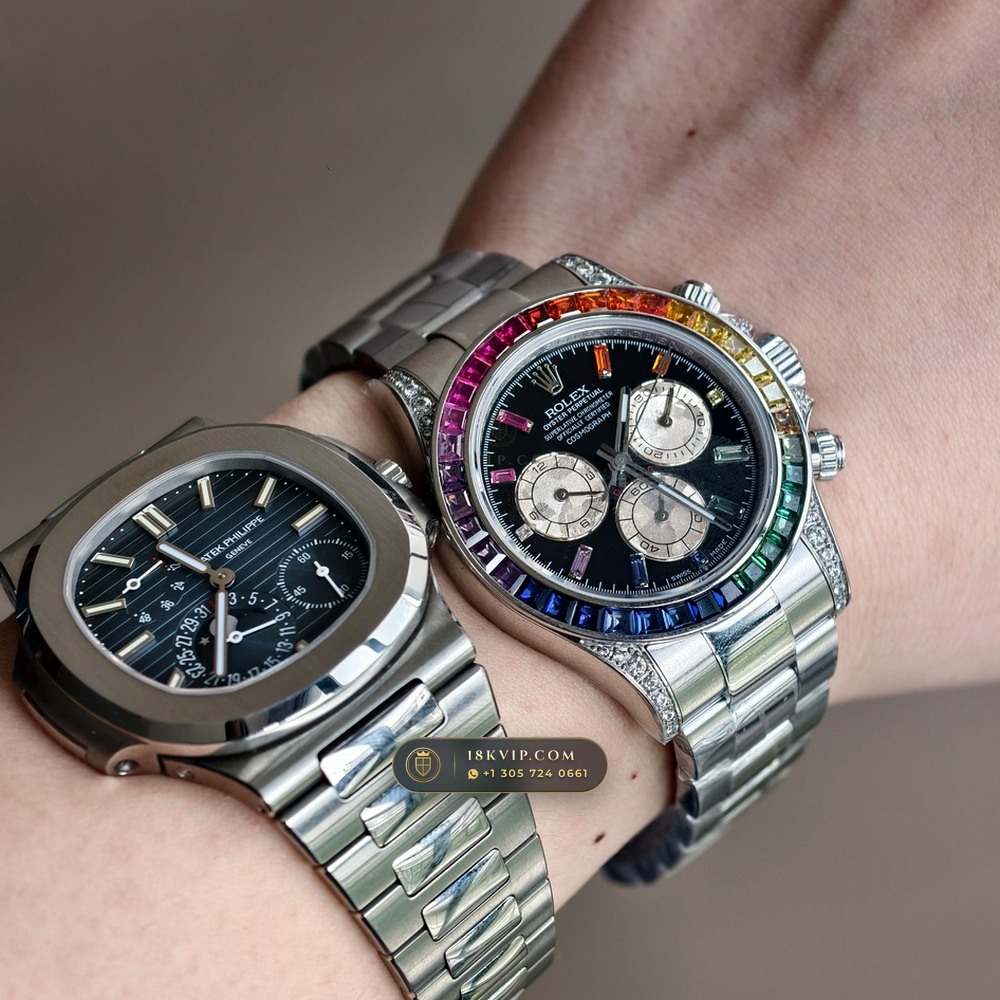 Rolex Cosmograph Daytona Rainbow Sapphire Bezel Diamond-Set Bezel 18K White Gold Ref. 126599RBOW — Private Vault Edition — Studio Gallery Plate X in 18K White Gold Au750 (216.3g Verified Mass, Rolex Manufacture Cal. 4131 - 72h Power Reserve)