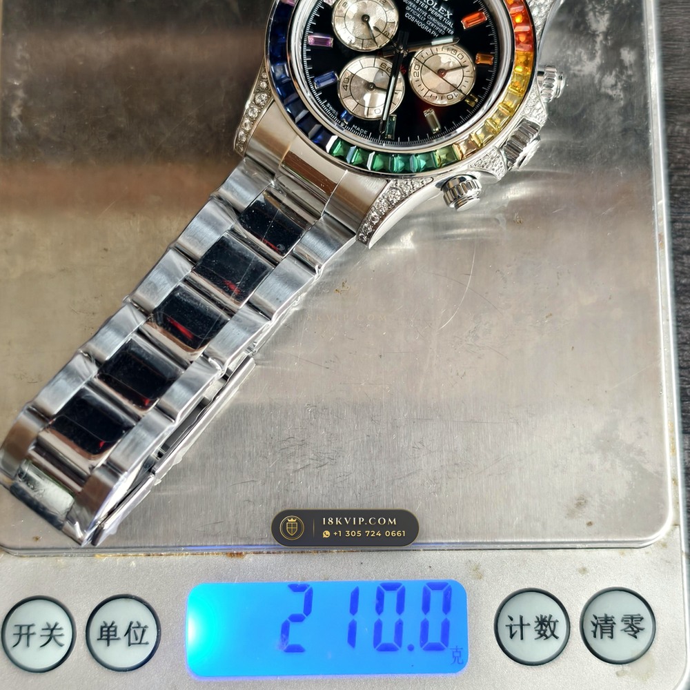 Rolex Cosmograph Daytona Rainbow Sapphire Bezel Diamond-Set Bezel 18K White Gold Ref. 126599RBOW — Private Vault Edition — Studio Gallery Plate XI in 18K White Gold Au750 (216.3g Verified Mass, Rolex Manufacture Cal. 4131 - 72h Power Reserve)
