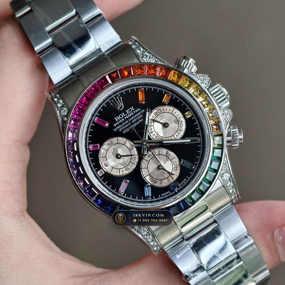 Rolex Cosmograph Daytona Rainbow Sapphire Bezel Diamond-Set Bezel 18K White Gold Ref. 126599RBOW — Private Vault Edition — Studio Gallery Plate II in 18K White Gold Au750 (216.3g Verified Mass, Rolex Manufacture Cal. 4131 - 72h Power Reserve)