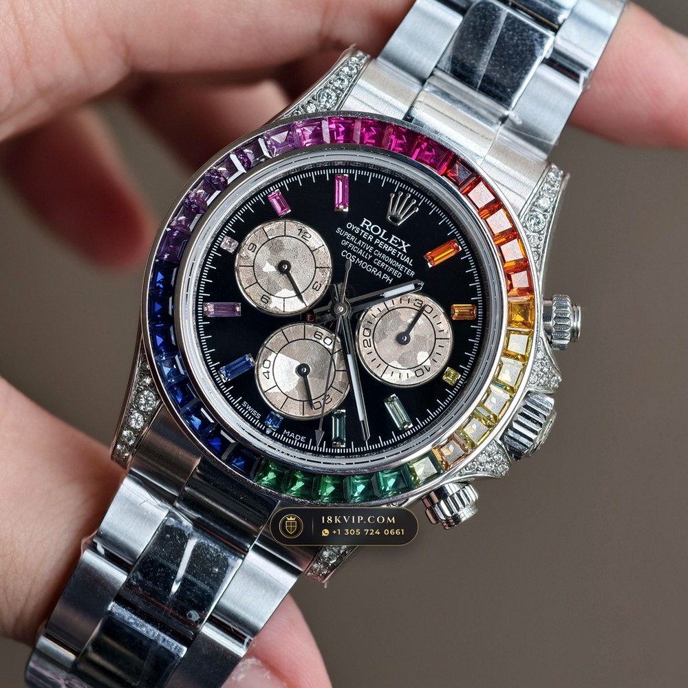 Rolex Cosmograph Daytona Rainbow Sapphire Bezel Diamond-Set Bezel 18K White Gold Ref. 126599RBOW — Private Vault Edition — Studio Gallery Plate III in 18K White Gold Au750 (216.3g Verified Mass, Rolex Manufacture Cal. 4131 - 72h Power Reserve)