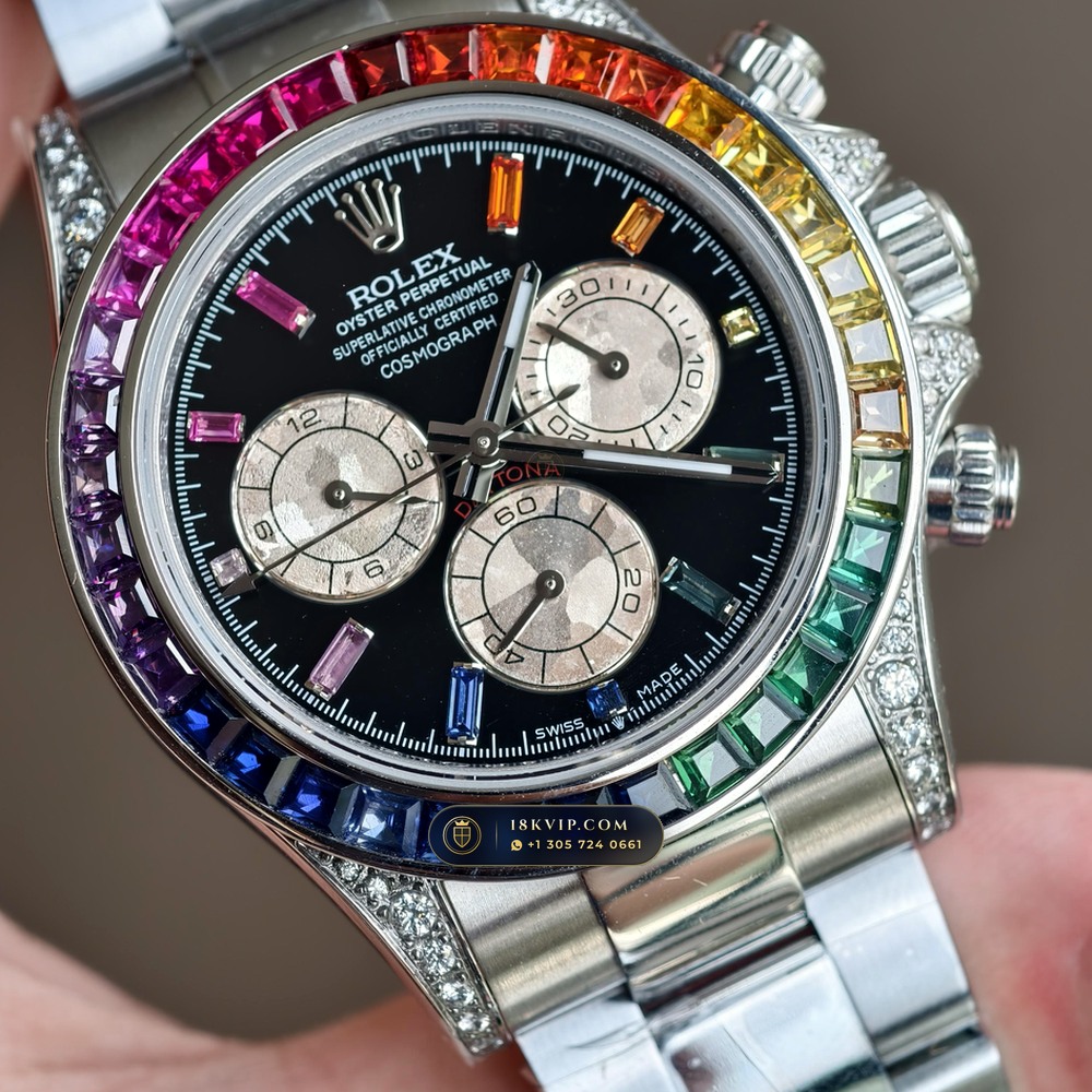 Rolex Cosmograph Daytona Rainbow Sapphire Bezel Diamond-Set Bezel 18K White Gold Ref. 126599RBOW — Private Vault Edition — Studio Gallery Plate IV in 18K White Gold Au750 (216.3g Verified Mass, Rolex Manufacture Cal. 4131 - 72h Power Reserve)