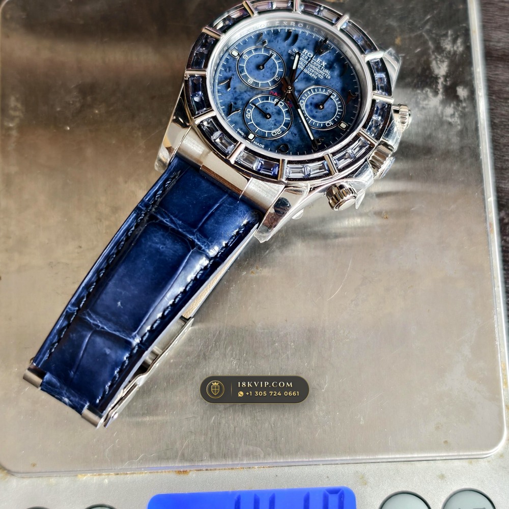 Rolex Cosmograph Daytona Blue Sodalite Stone Dial Diamond-Set Bezel 18K White Gold Ref. 116589SACI — Private Vault Edition — Studio Gallery Plate XII in 18K White Gold Au750 (153.8g Verified Mass, Rolex Manufacture Cal. 4130 - 72h Power Reserve)