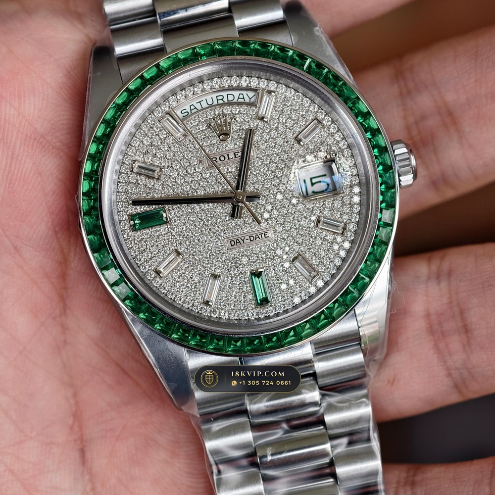 Rolex Day-Date 40 Baguette Emerald Bezel 950 Platinum Ref. 228396TEM — Private Vault Edition — Studio Gallery Plate IV in 950 Platinum Pt950 (280.7g Verified Mass, Rolex Manufacture Cal. 3255 - 70h Power Reserve)