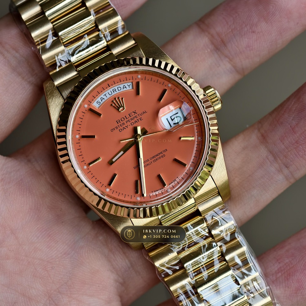 Rolex Day-Date 36 Coral Red Stella Lacquer Dial 18K Yellow Gold Ref. 18238 — Private Vault Edition — Studio Gallery Plate II in 18K Yellow Gold Au750 (141.5g Verified Mass, Rolex Manufacture Cal. 3155)