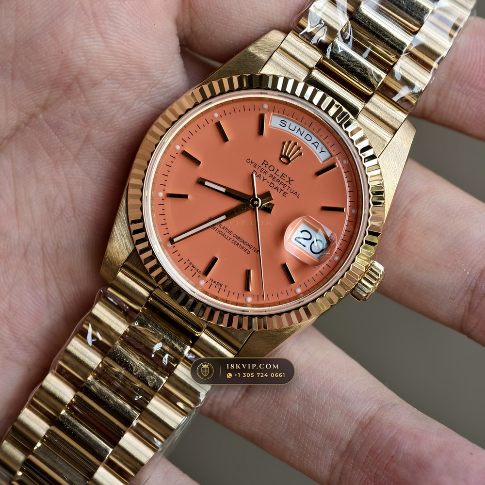 Rolex Day-Date 36 Coral Red Stella Lacquer Dial 18K Yellow Gold Ref. 18238 — Private Vault Edition — Studio Gallery Plate III in 18K Yellow Gold Au750 (141.5g Verified Mass, Rolex Manufacture Cal. 3155)