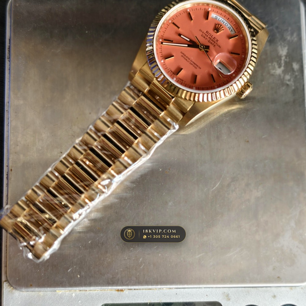 Rolex Day-Date 36 Coral Red Stella Lacquer Dial 18K Yellow Gold Ref. 18238 — Private Vault Edition — Studio Gallery Plate VIII in 18K Yellow Gold Au750 (141.5g Verified Mass, Rolex Manufacture Cal. 3155)