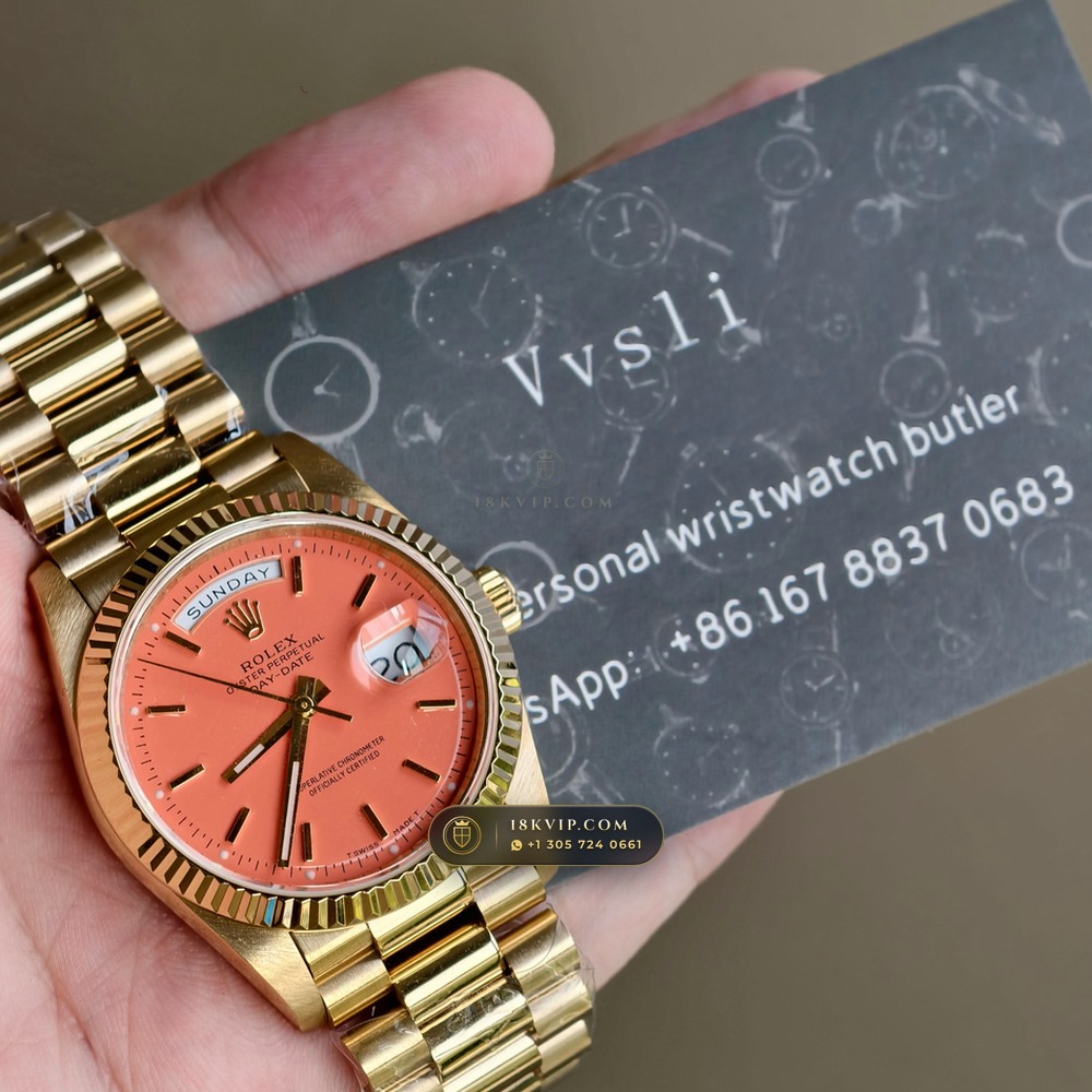 Rolex Day-Date 36 Coral Red Stella Lacquer Dial 18K Yellow Gold Ref. 18238 — Private Vault Edition — Studio Gallery Plate IX in 18K Yellow Gold Au750 (141.5g Verified Mass, Rolex Manufacture Cal. 3155)