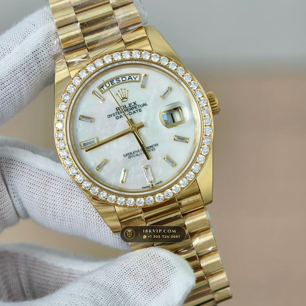 Rolex Day-Date 40 Iridescent Natural Mother-of-Pearl Dial Diamond-Set Bezel 18K Yellow Gold Ref. 228348RBR — Private Vault Edition — Studio Gallery Plate II in 18K Yellow Gold Au750 (210.3g Verified Mass, Rolex Manufacture Cal. 3255 - 70h Power Reserve)