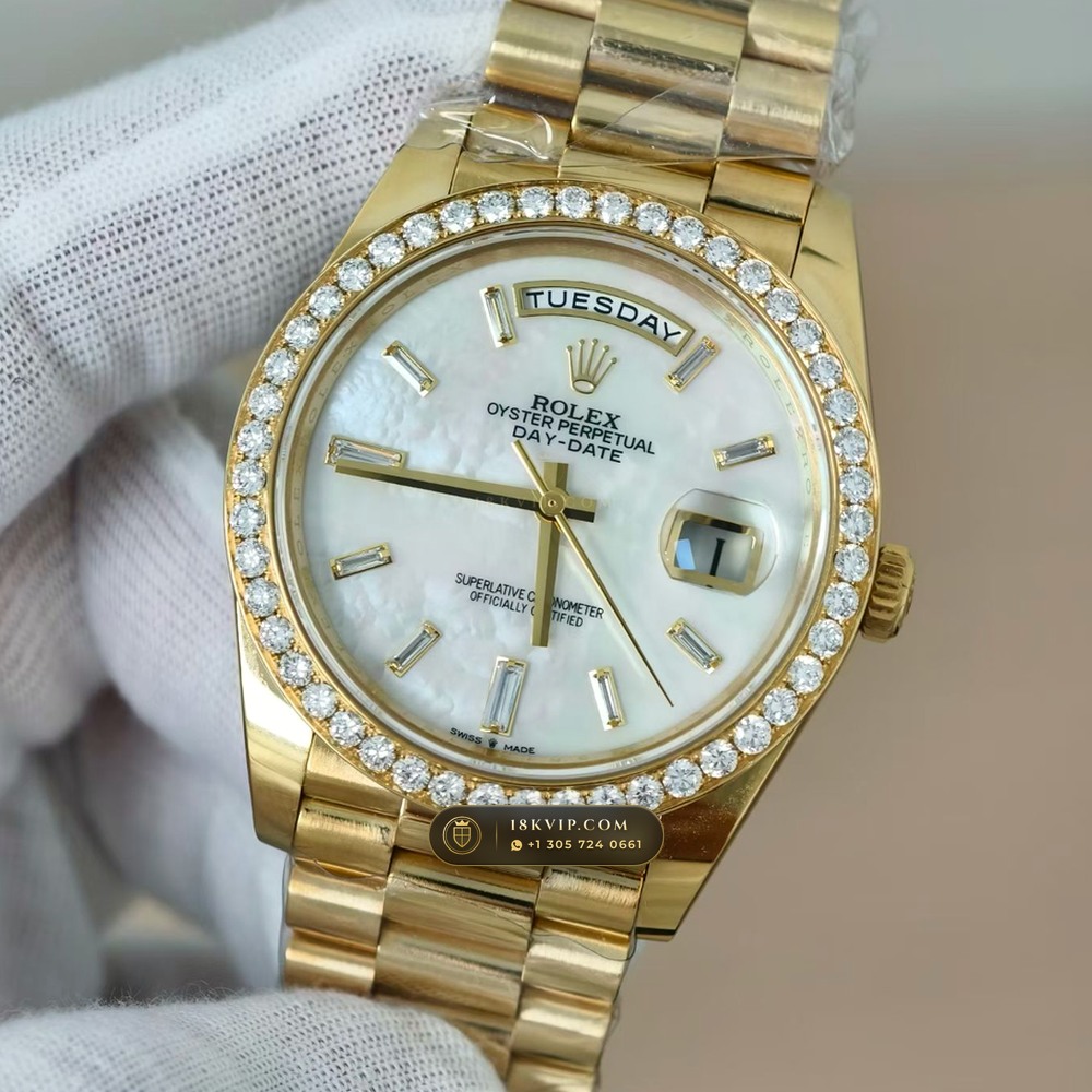 Rolex Day-Date 40 Iridescent Natural Mother-of-Pearl Dial Diamond-Set Bezel 18K Yellow Gold Ref. 228348RBR — Private Vault Edition — Studio Gallery Plate III in 18K Yellow Gold Au750 (210.3g Verified Mass, Rolex Manufacture Cal. 3255 - 70h Power Reserve)
