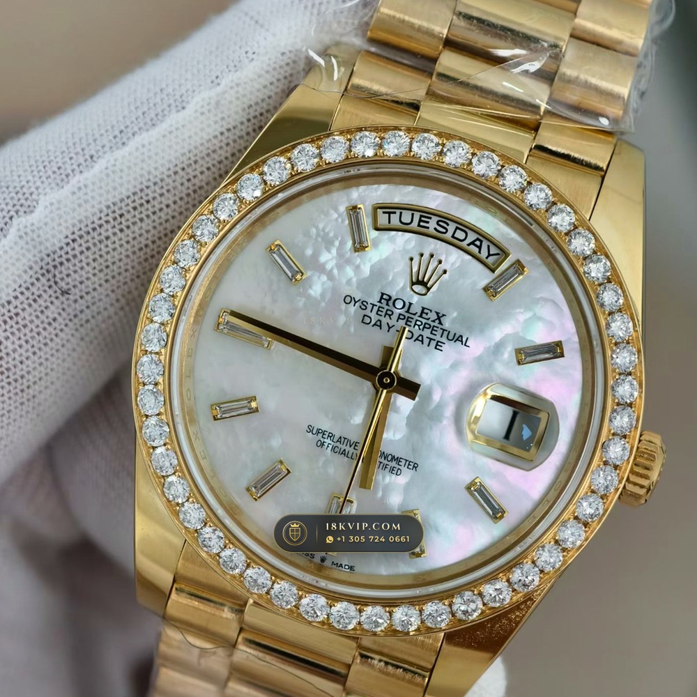 Rolex Day-Date 40 Iridescent Natural Mother-of-Pearl Dial Diamond-Set Bezel 18K Yellow Gold Ref. 228348RBR — Private Vault Edition — Studio Gallery Plate IV in 18K Yellow Gold Au750 (210.3g Verified Mass, Rolex Manufacture Cal. 3255 - 70h Power Reserve)
