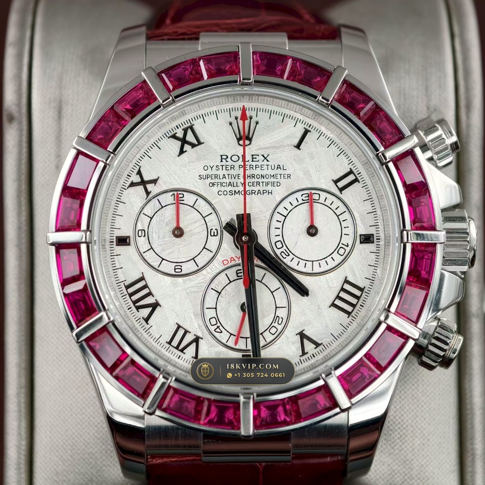 Rolex Cosmograph Daytona Off-Catalogue Baguette Ruby Bezel & Meteorite Dial 18K White Gold Ref. 116589SALV — Private Vault Edition — Studio Gallery Plate II in 18K White Gold Au750 (160.3g Verified Mass, Rolex Manufacture Cal. 4130 - 72h Power Reserve)