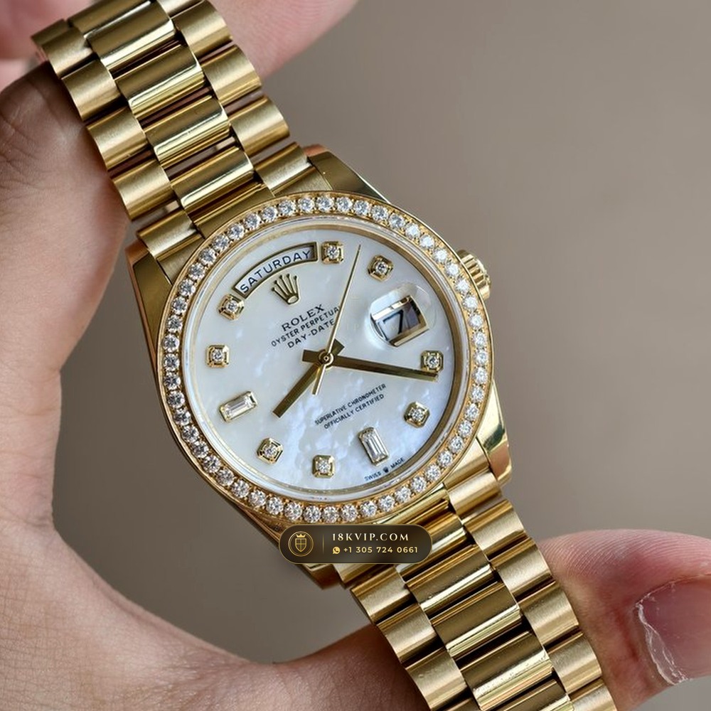 Rolex Day-Date 36 Mother-of-Pearl & Diamond Bezel 18K Yellow Gold Ref. 128348RBR — Private Vault Edition — Studio Gallery Plate II in 18K Yellow Gold Au750 (183.2g Verified Mass, Rolex Manufacture Cal. 3255 - 70h Power Reserve)