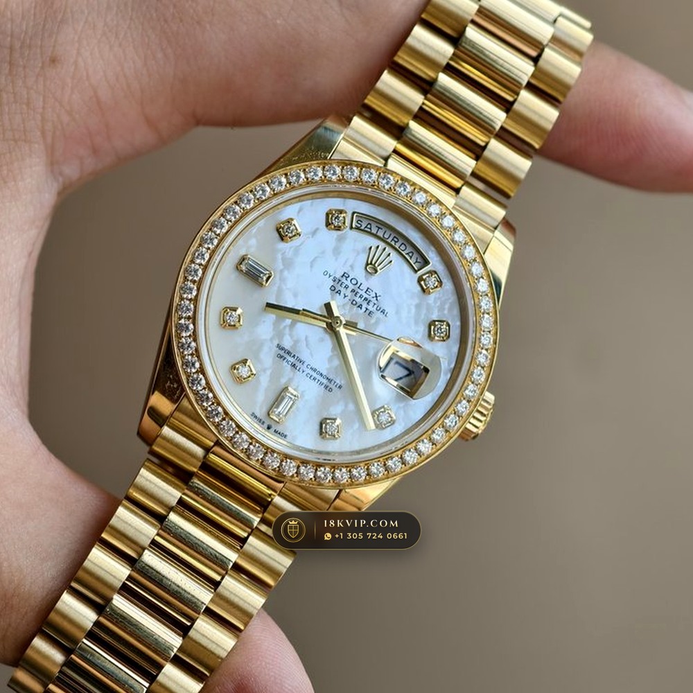 Rolex Day-Date 36 Mother-of-Pearl & Diamond Bezel 18K Yellow Gold Ref. 128348RBR — Private Vault Edition — Studio Gallery Plate III in 18K Yellow Gold Au750 (183.2g Verified Mass, Rolex Manufacture Cal. 3255 - 70h Power Reserve)