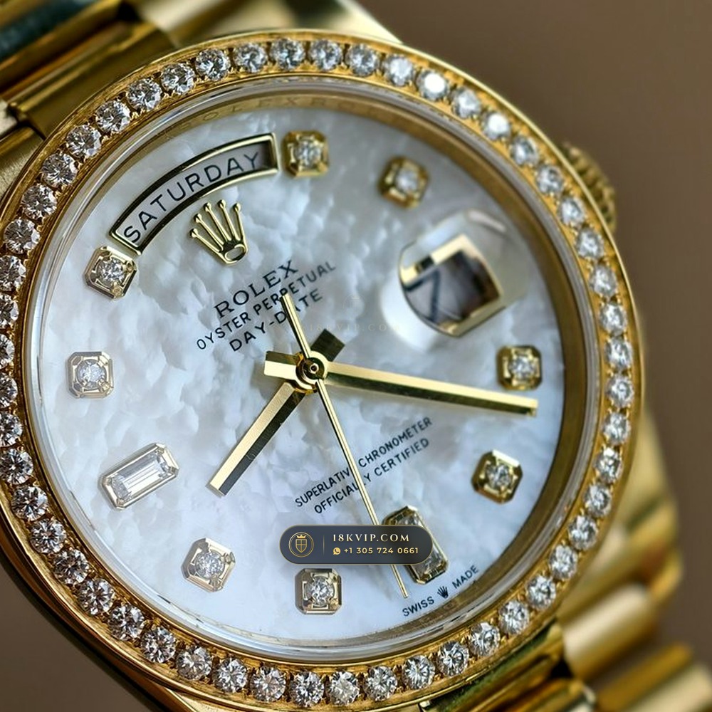Rolex Day-Date 36 Mother-of-Pearl & Diamond Bezel 18K Yellow Gold Ref. 128348RBR — Private Vault Edition — Studio Gallery Plate IV in 18K Yellow Gold Au750 (183.2g Verified Mass, Rolex Manufacture Cal. 3255 - 70h Power Reserve)