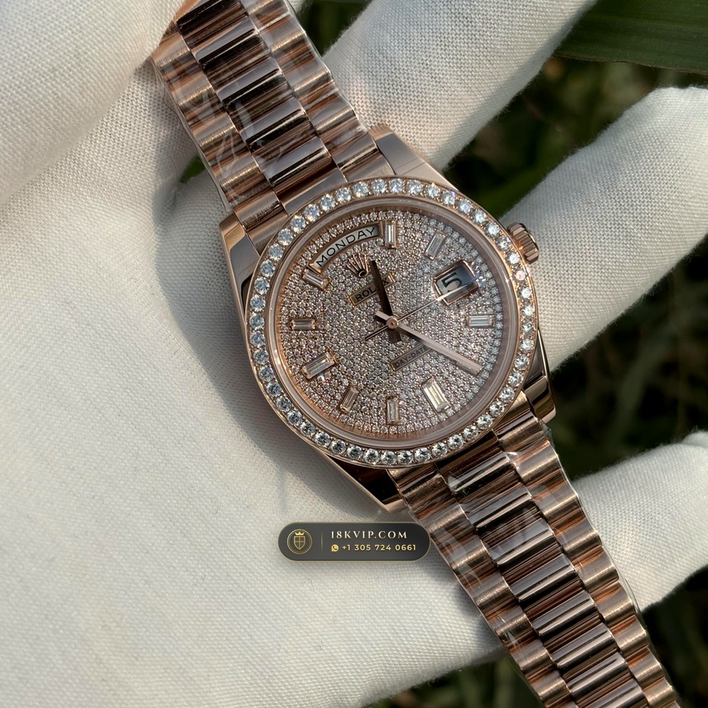 Rolex Day-Date 40 Diamond-Set Bezel 18K Everose Gold Ref. 228345RBR — Private Vault Edition — Studio Gallery Plate IV in 18K Rose Gold Au750 (210.3g Verified Mass, Rolex Manufacture Cal. 3255 - 70h Power Reserve)