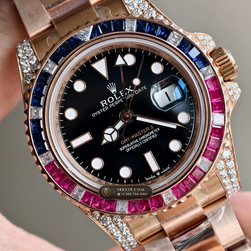 Rolex GMT-Master II Diamond-Set Bezel 18K Everose Gold Ref. 126755SARU — Private Vault Edition — Studio Gallery Plate IV in 18K Rose Gold Au750 (225.3g Verified Mass, Rolex Manufacture Cal. 3285 - 70h Power Reserve)