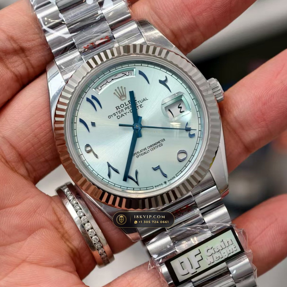 Rolex Day-Date 40 Ice-Blue Eastern Arabic Dial 950 Platinum Ref. 228206 — Private Vault Edition — Studio Gallery Plate II in 950 Platinum Pt950 (280.4g Verified Mass, Rolex Manufacture Cal. 3255 - 70h Power Reserve)