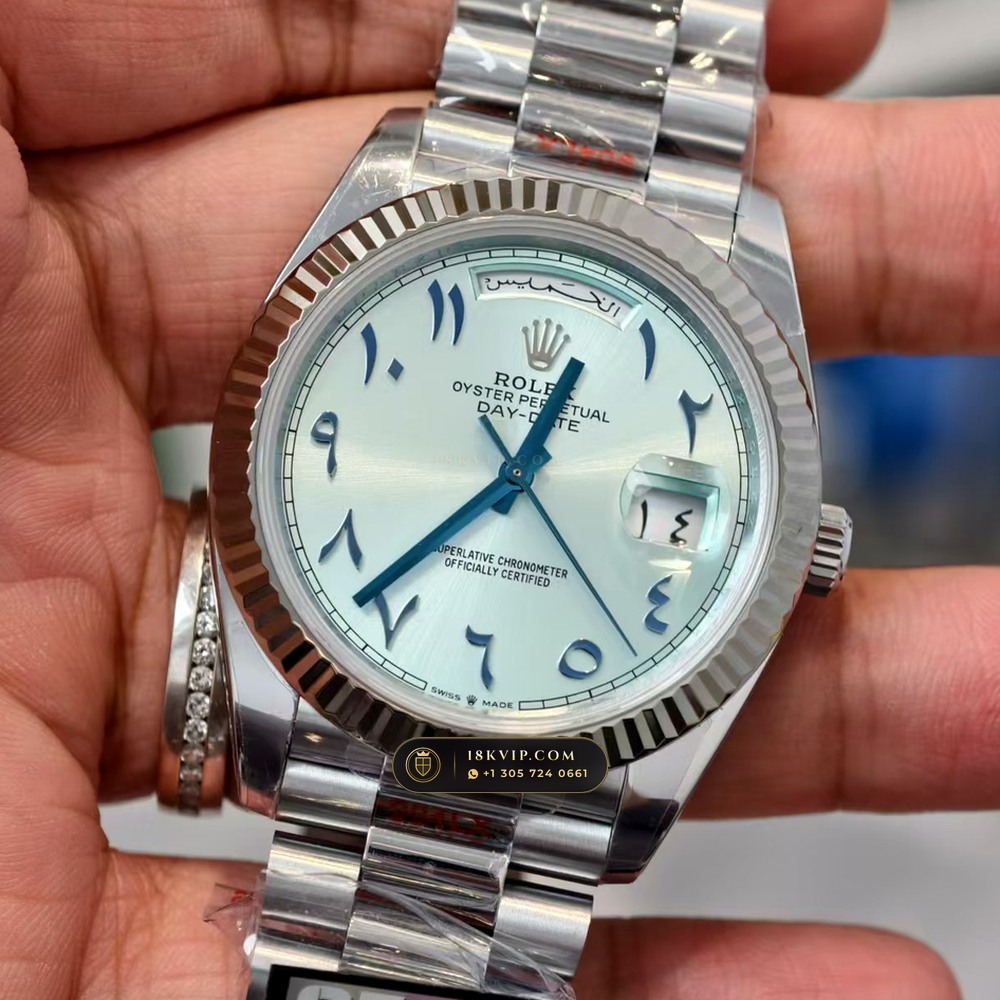 Rolex Day-Date 40 Ice-Blue Eastern Arabic Dial 950 Platinum Ref. 228206 — Private Vault Edition — Studio Gallery Plate III in 950 Platinum Pt950 (280.4g Verified Mass, Rolex Manufacture Cal. 3255 - 70h Power Reserve)