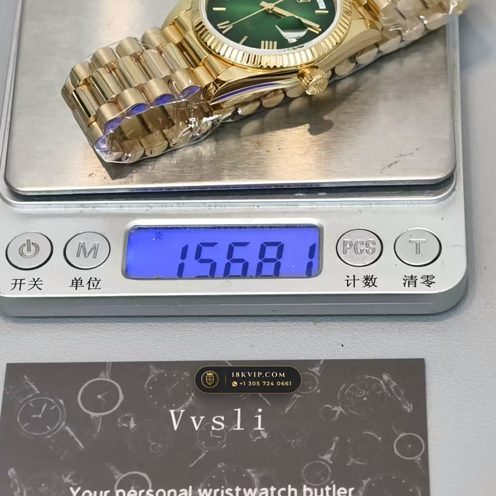 Rolex Day-Date 36 Graduated Green Ombre Sunray Dial 18K Yellow Gold Ref. 128238 — Private Vault Edition — Studio Gallery Plate VI in 18K Yellow Gold Au750 (183.4g Verified Mass, Rolex Manufacture Cal. 3255 - 70h Power Reserve)