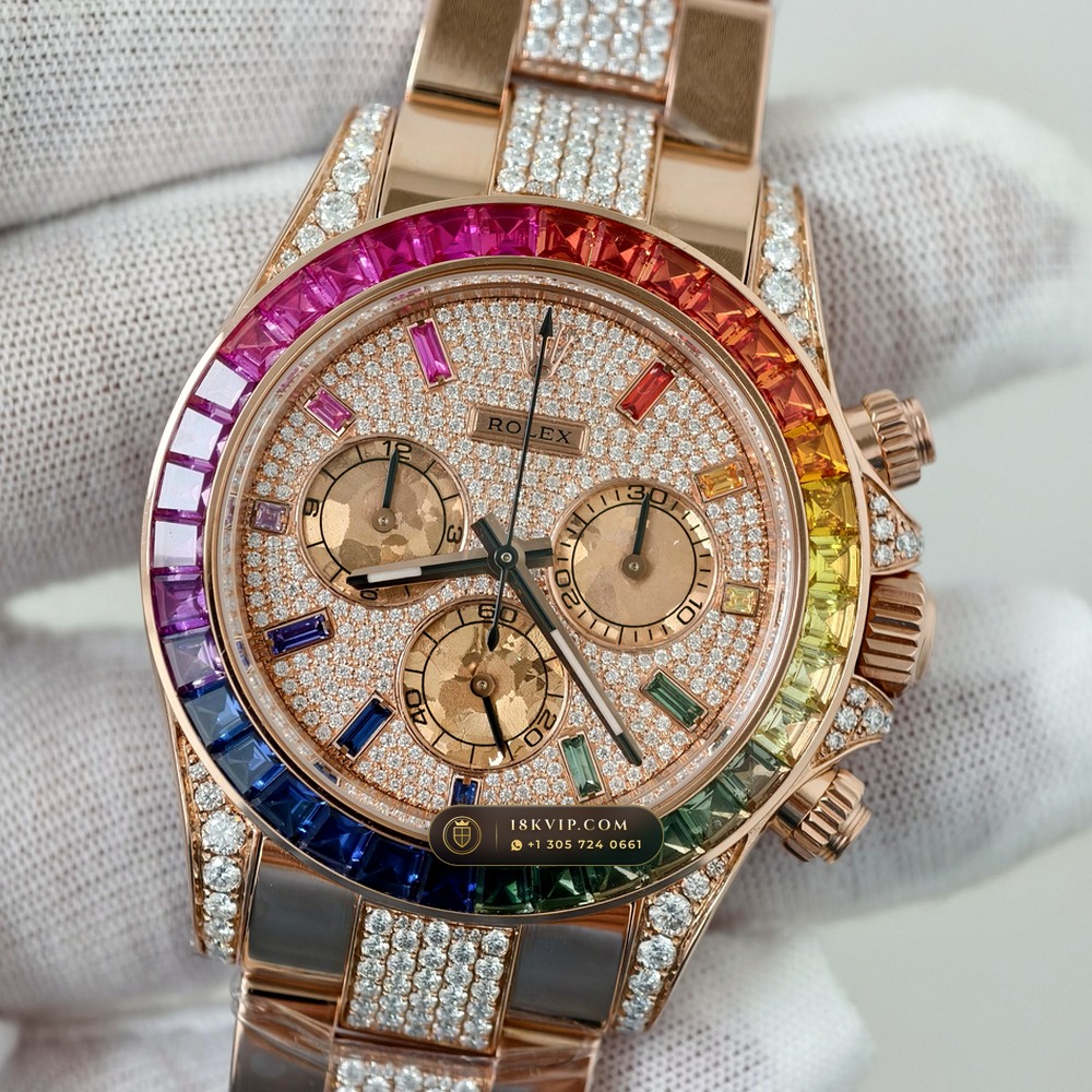 Rolex Cosmograph Daytona Rainbow Sapphire Bezel 18K Everose Gold Custom SW Dial Deep Crystal Optics Ref. 116595RBOW — Private Vault Edition — Studio Gallery Plate II in 18K Rose Gold Au750 (216.6g Verified Mass, Rolex Manufacture Cal. 4130 - 72h Power Reserve)