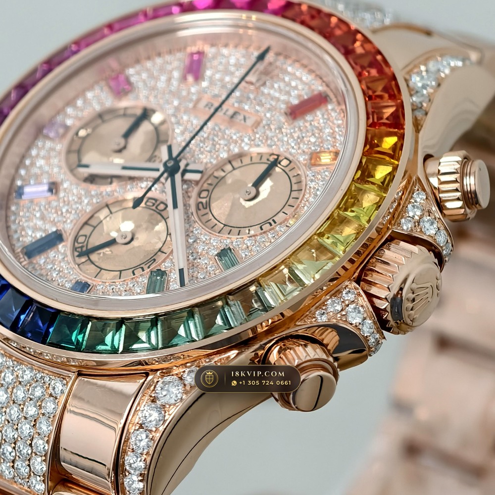 Rolex Cosmograph Daytona Rainbow Sapphire Bezel 18K Everose Gold Custom SW Dial Deep Crystal Optics Ref. 116595RBOW — Private Vault Edition — Studio Gallery Plate IV in 18K Rose Gold Au750 (216.6g Verified Mass, Rolex Manufacture Cal. 4130 - 72h Power Reserve)