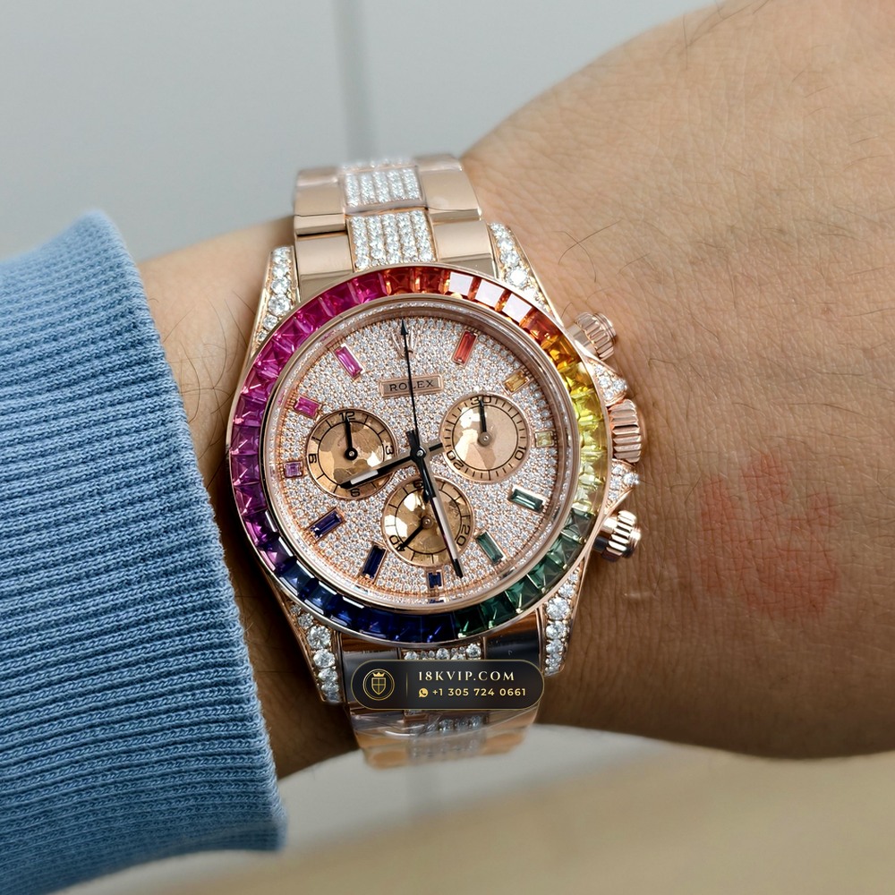 Rolex Cosmograph Daytona Rainbow Sapphire Bezel 18K Everose Gold Custom SW Dial Deep Crystal Optics Ref. 116595RBOW — Private Vault Edition — Studio Gallery Plate VIII in 18K Rose Gold Au750 (216.6g Verified Mass, Rolex Manufacture Cal. 4130 - 72h Power Reserve)