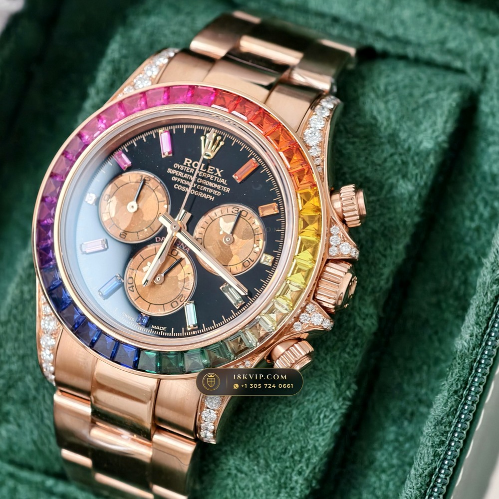 Rolex Cosmograph Daytona Rainbow Sapphire Bezel 18K Everose Gold Geneva Atelier Spec Ref. 116595RBOW — Private Vault Edition — Studio Gallery Plate III in 18K Rose Gold Au750 (216.6g Verified Mass, Rolex Manufacture Cal. 4130 - 72h Power Reserve)