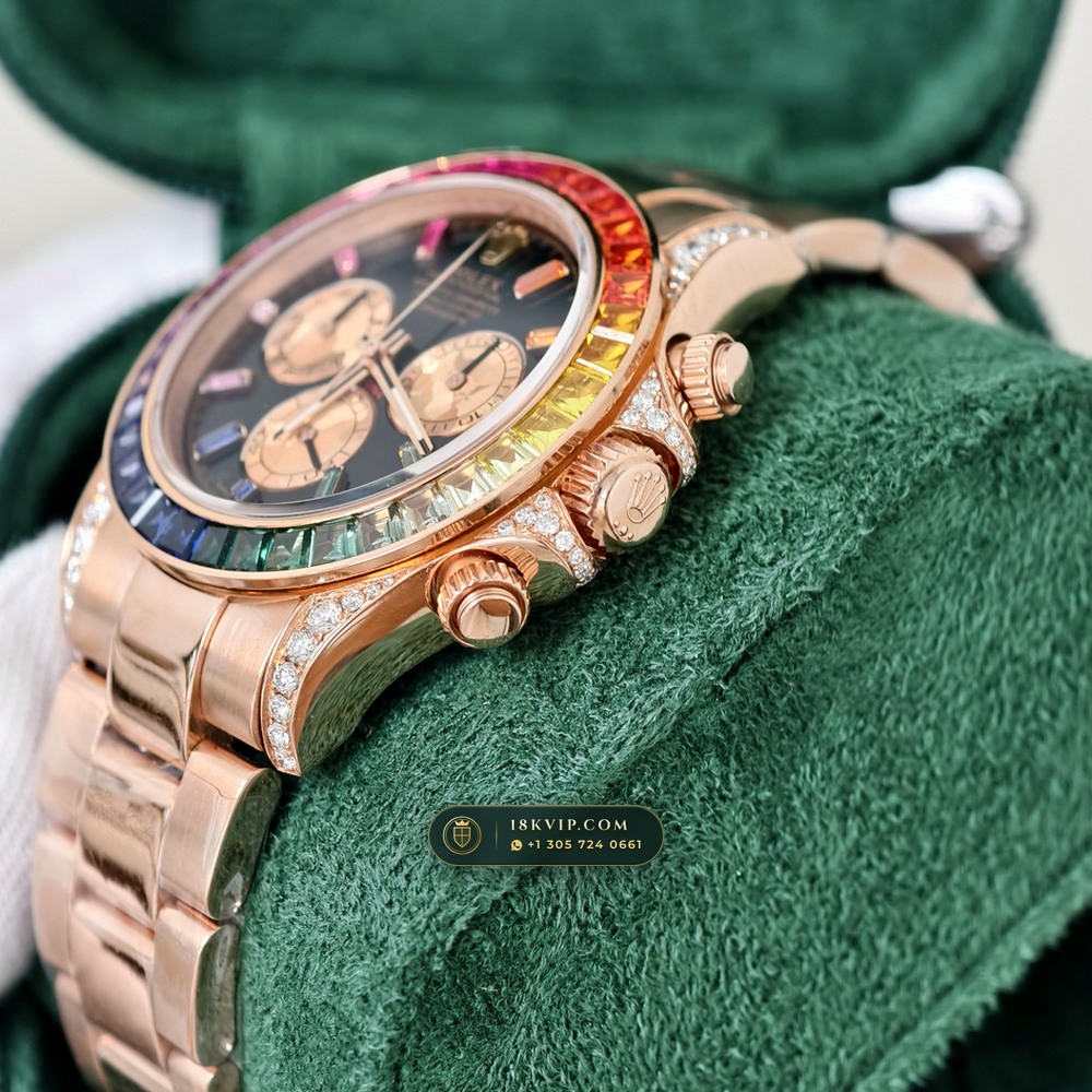 Rolex Cosmograph Daytona Rainbow Sapphire Bezel 18K Everose Gold Geneva Atelier Spec Ref. 116595RBOW — Private Vault Edition — Studio Gallery Plate IV in 18K Rose Gold Au750 (216.6g Verified Mass, Rolex Manufacture Cal. 4130 - 72h Power Reserve)