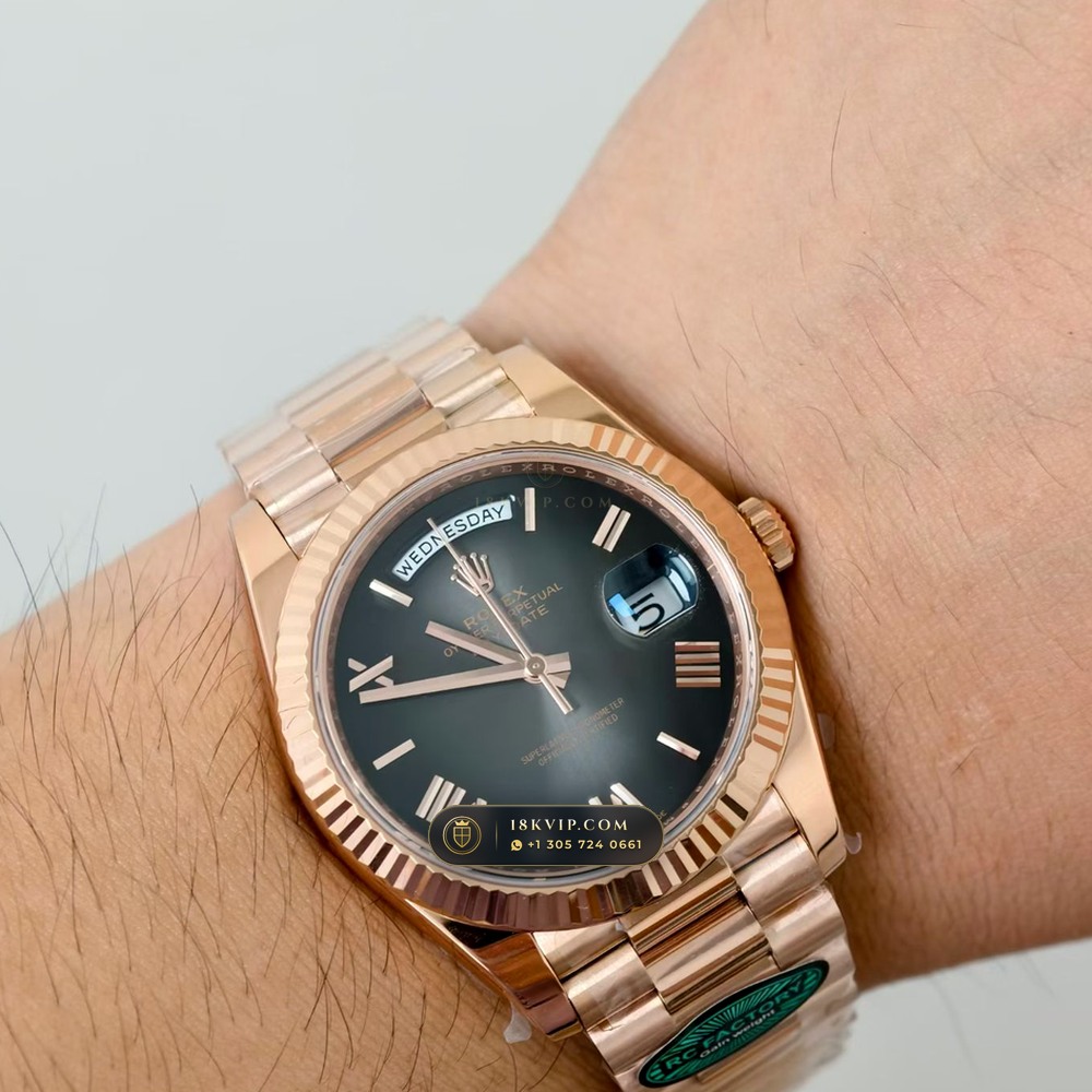 Rolex Day-Date 40 Graduated Slate-Grey Ombre Sunray Dial 18K Everose Gold Geneva Atelier Spec Ref. 228235 — Private Vault Edition — Studio Gallery Plate VII in 18K Rose Gold Au750 (210.8g Verified Mass, Rolex Manufacture Cal. 3255 - 70h Power Reserve)