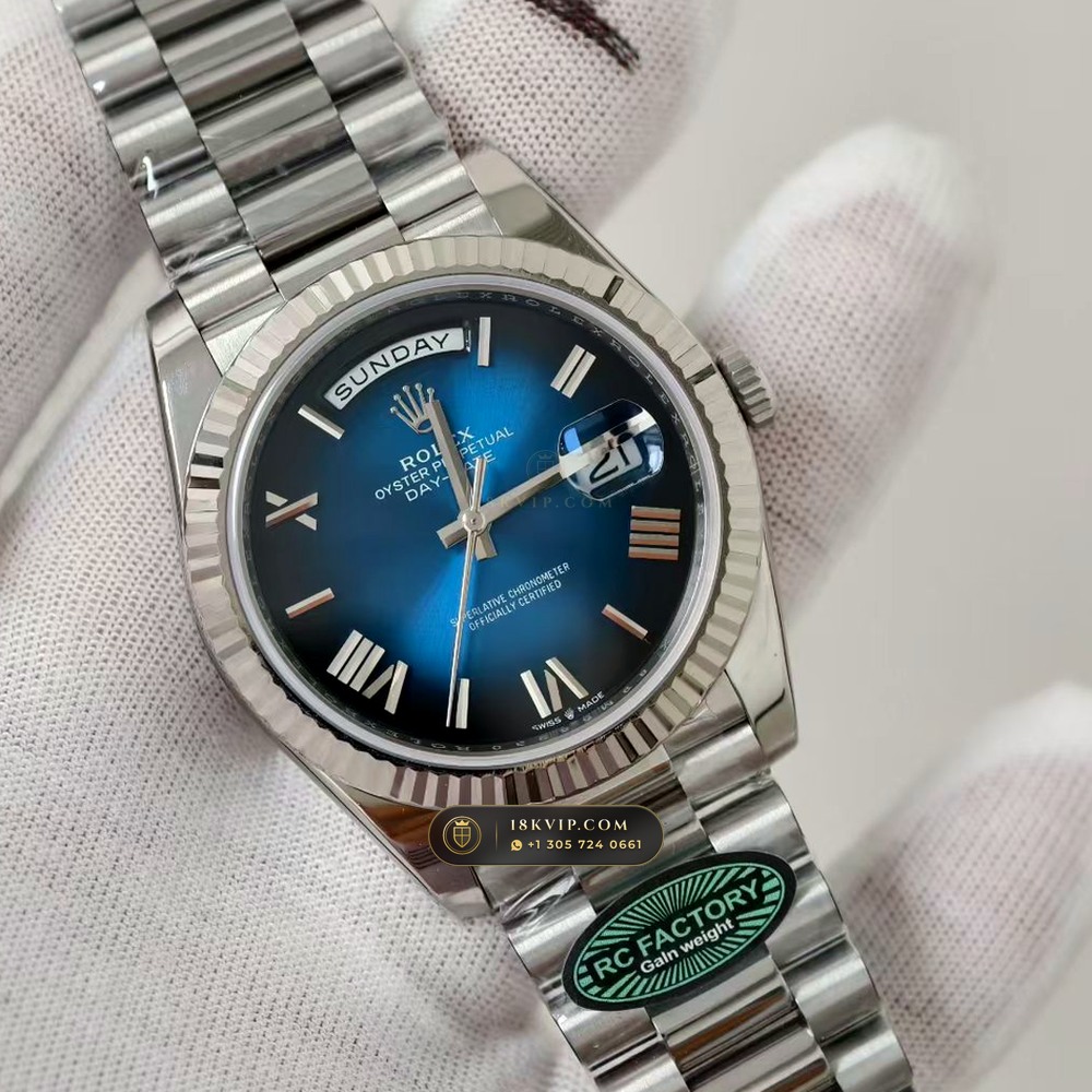 Rolex Day-Date 40 Graduated Blue Ombre Dial 18K White Gold Ref. 228239 — Private Vault Edition — Studio Gallery Plate II in 18K White Gold Au750 (210.6g Verified Mass, Rolex Manufacture Cal. 3255 - 70h Power Reserve)