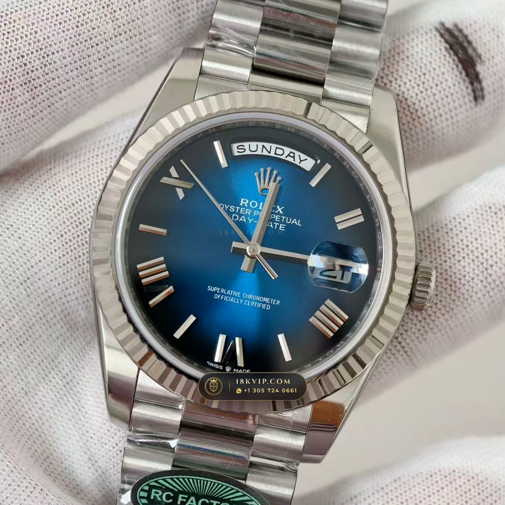Rolex Day-Date 40 Graduated Blue Ombre Dial 18K White Gold Ref. 228239 — Private Vault Edition — Studio Gallery Plate III in 18K White Gold Au750 (210.6g Verified Mass, Rolex Manufacture Cal. 3255 - 70h Power Reserve)