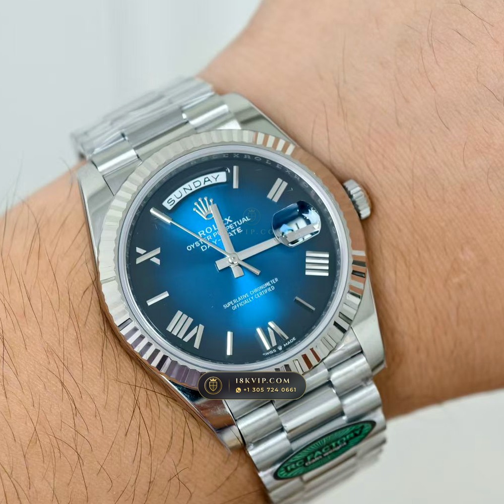 Rolex Day-Date 40 Graduated Blue Ombre Dial 18K White Gold Ref. 228239 — Private Vault Edition — Studio Gallery Plate VIII in 18K White Gold Au750 (210.6g Verified Mass, Rolex Manufacture Cal. 3255 - 70h Power Reserve)
