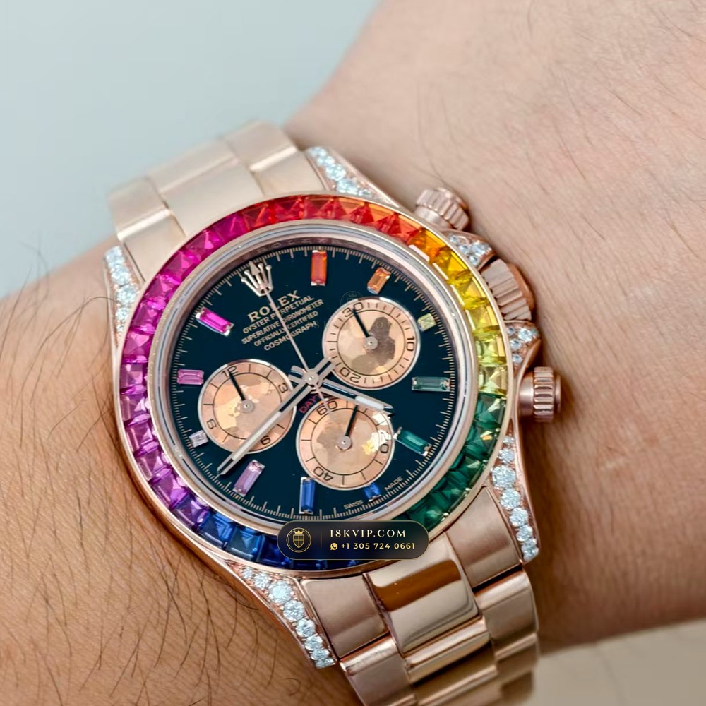 Rolex Cosmograph Daytona Rainbow Sapphire Bezel 18K Everose Gold Custom SW Dial Ref. 116595RBOW — Private Vault Edition — Studio Gallery Plate VII in 18K Rose Gold Au750 (216.5g Verified Mass, Rolex Manufacture Cal. 4130 - 72h Power Reserve)