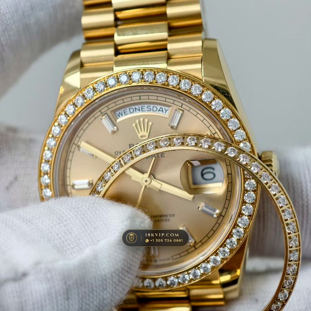 Rolex Day-Date 36 Diamond-Set Bezel 18K Yellow Gold Ref. 128238 — Private Vault Edition — Studio Gallery Plate II in 18K Yellow Gold Au750 (183.7g Verified Mass, Rolex Manufacture Cal. 3255 - 70h Power Reserve)