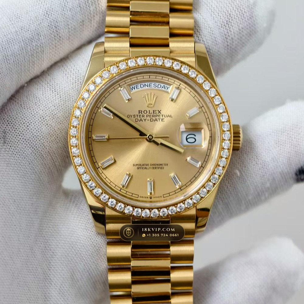 Rolex Day-Date 36 Diamond-Set Bezel 18K Yellow Gold Ref. 128238 — Private Vault Edition — Studio Gallery Plate III in 18K Yellow Gold Au750 (183.7g Verified Mass, Rolex Manufacture Cal. 3255 - 70h Power Reserve)