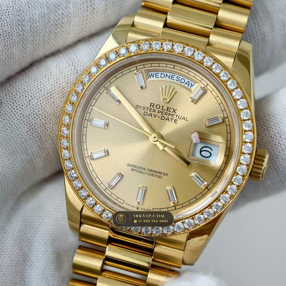 Rolex Day-Date 36 Diamond-Set Bezel 18K Yellow Gold Ref. 128238 — Private Vault Edition — Studio Gallery Plate IV in 18K Yellow Gold Au750 (183.7g Verified Mass, Rolex Manufacture Cal. 3255 - 70h Power Reserve)