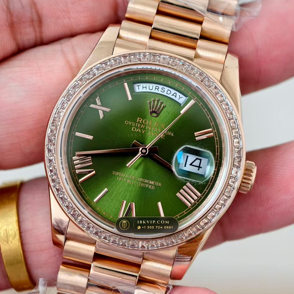 Rolex Day-Date 36 Baguette Diamond Bezel 18K Everose Gold Ref. 128345RBR — Private Vault Edition — Studio Gallery Plate II in 18K Rose Gold Au750 (183.4g Verified Mass, Rolex Manufacture Cal. 3255 - 70h Power Reserve)
