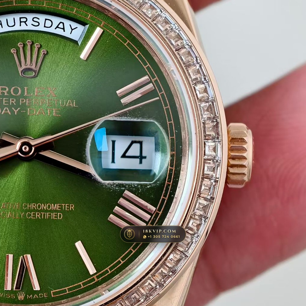 Rolex Day-Date 36 Baguette Diamond Bezel 18K Everose Gold Ref. 128345RBR — Private Vault Edition — Studio Gallery Plate IV in 18K Rose Gold Au750 (183.4g Verified Mass, Rolex Manufacture Cal. 3255 - 70h Power Reserve)