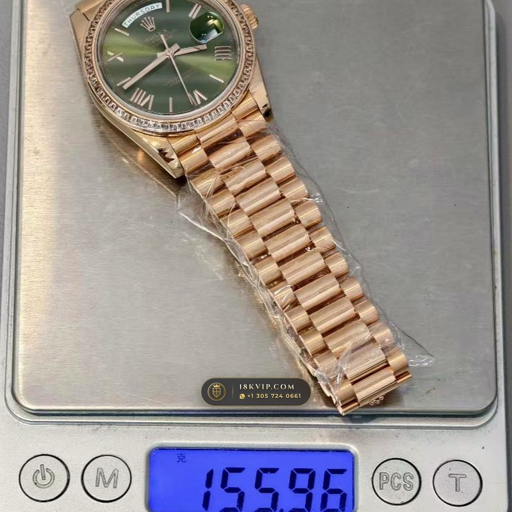 Rolex Day-Date 36 Baguette Diamond Bezel 18K Everose Gold Ref. 128345RBR — Private Vault Edition — Studio Gallery Plate IX in 18K Rose Gold Au750 (183.4g Verified Mass, Rolex Manufacture Cal. 3255 - 70h Power Reserve)