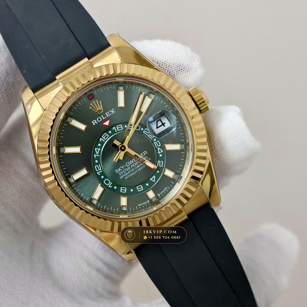 Rolex Sky-Dweller Sunray Green Dial 18K Yellow Gold Ref. 336938 — Private Vault Edition — Studio Gallery Plate II in 18K Yellow Gold Au750 (252.0g Verified Mass, Rolex Manufacture Cal. 9002 Annual Calendar)