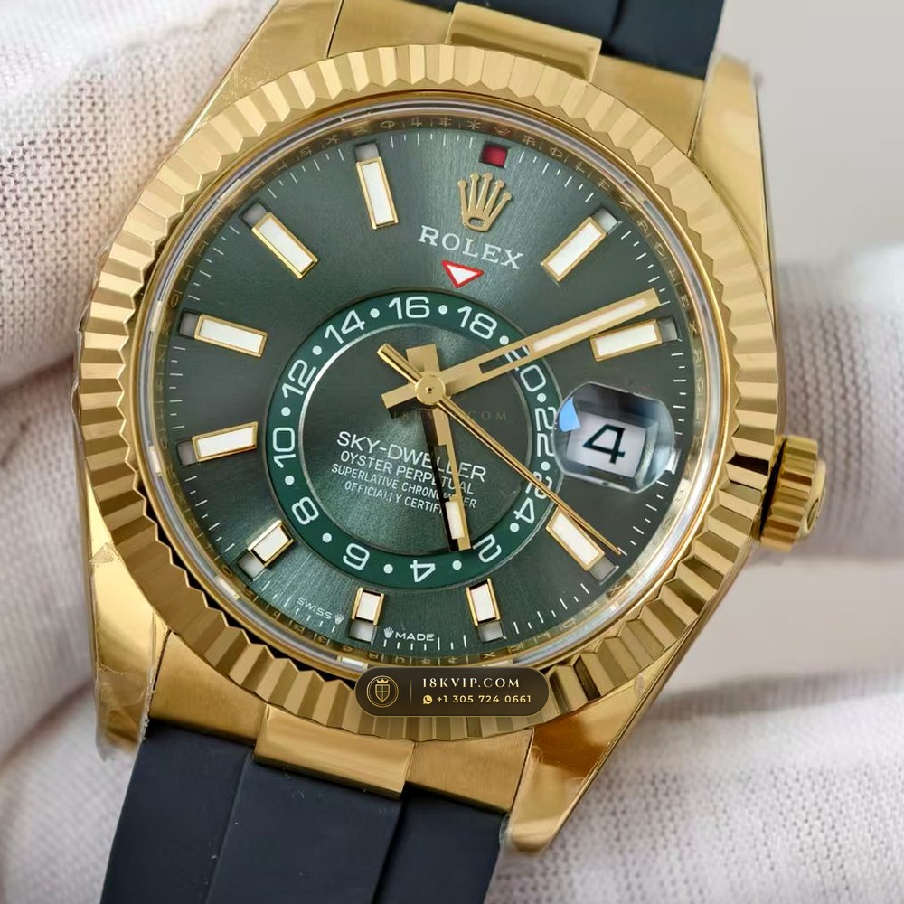 Rolex Sky-Dweller Sunray Green Dial 18K Yellow Gold Ref. 336938 — Private Vault Edition — Studio Gallery Plate III in 18K Yellow Gold Au750 (252.0g Verified Mass, Rolex Manufacture Cal. 9002 Annual Calendar)