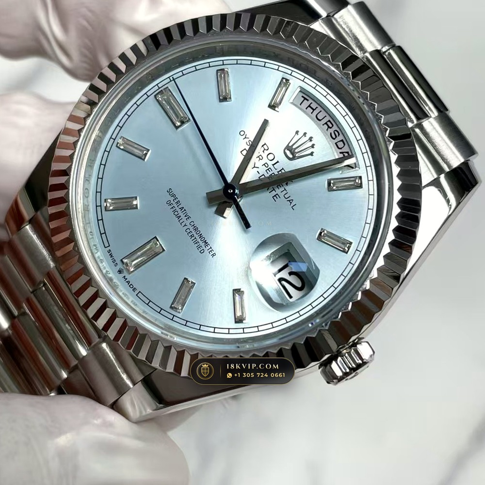 Rolex Day-Date 40 Ice-Blue Sunray Dial 950 Platinum Ref. 228206 — Private Vault Edition — Studio Gallery Plate III in 950 Platinum Pt950 (286.0g Verified Mass, Rolex Manufacture Cal. 3255 - 70h Power Reserve)