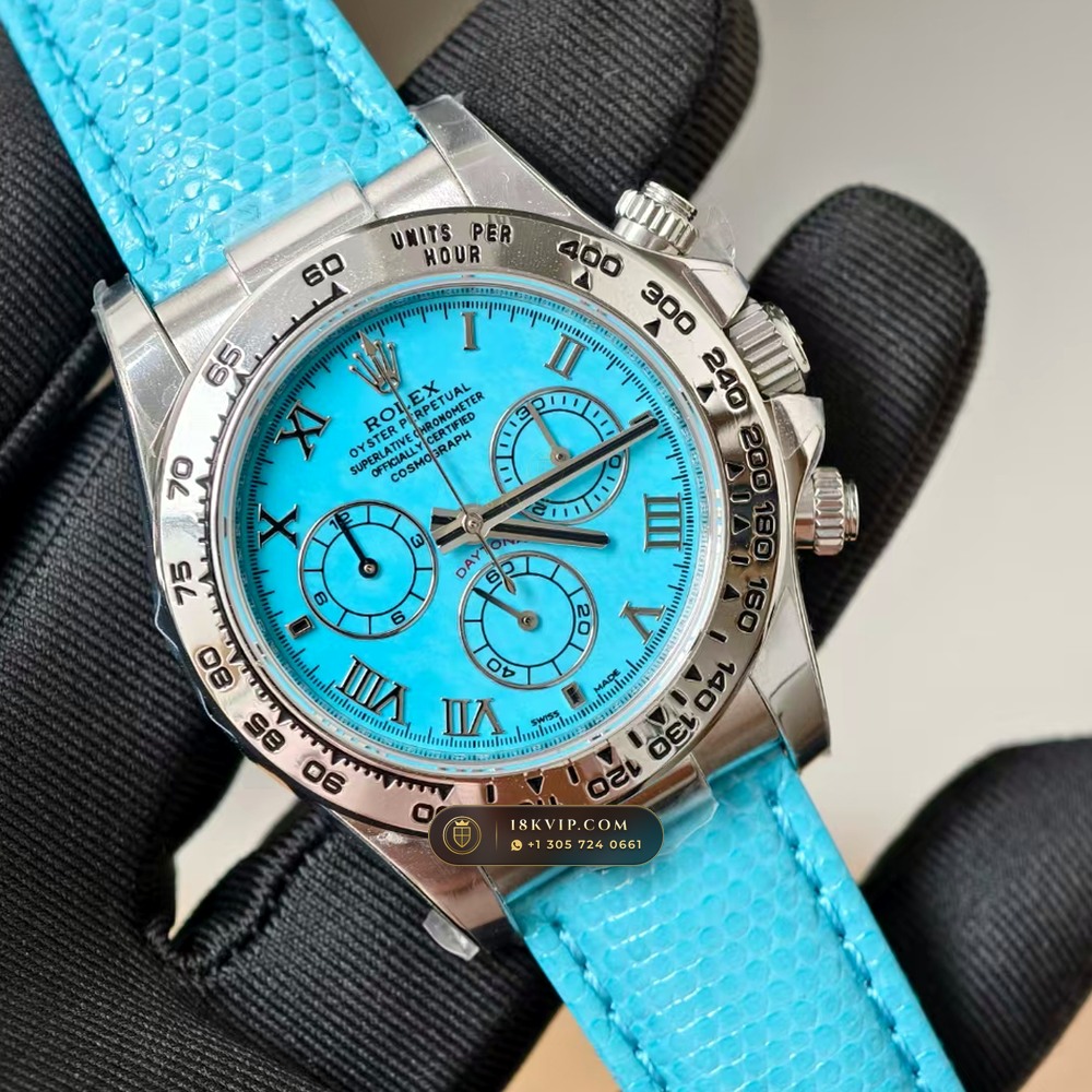 Rolex Cosmograph Daytona Beach Tiffany Turquoise Leather Strap 18K White Gold Ref. 116519 — Private Vault Edition — Studio Gallery Plate II in 18K White Gold Au750 (138.8g Verified Mass, Rolex Manufacture Cal. 4130 - 72h Power Reserve)