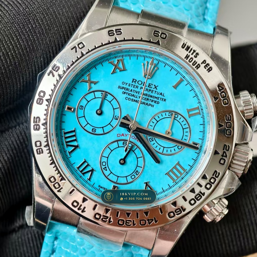 Rolex Cosmograph Daytona Beach Tiffany Turquoise Leather Strap 18K White Gold Ref. 116519 — Private Vault Edition — Studio Gallery Plate III in 18K White Gold Au750 (138.8g Verified Mass, Rolex Manufacture Cal. 4130 - 72h Power Reserve)