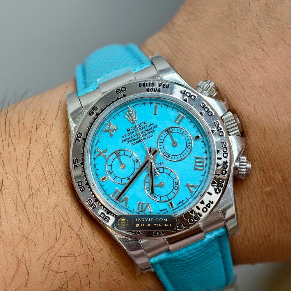 Rolex Cosmograph Daytona Beach Tiffany Turquoise Leather Strap 18K White Gold Ref. 116519 — Private Vault Edition — Studio Gallery Plate VIII in 18K White Gold Au750 (138.8g Verified Mass, Rolex Manufacture Cal. 4130 - 72h Power Reserve)