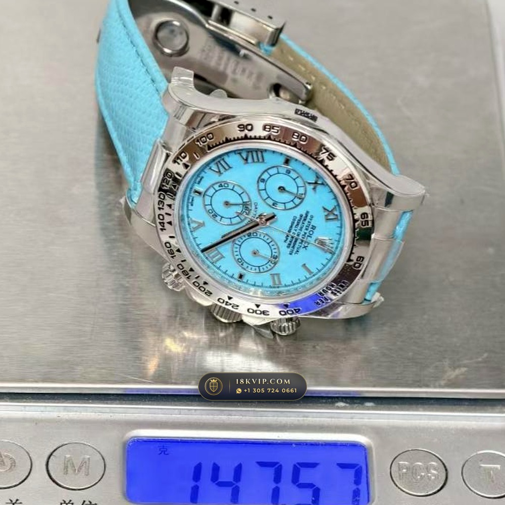 Rolex Cosmograph Daytona Beach Tiffany Turquoise Leather Strap 18K White Gold Ref. 116519 — Private Vault Edition — Studio Gallery Plate IX in 18K White Gold Au750 (138.8g Verified Mass, Rolex Manufacture Cal. 4130 - 72h Power Reserve)