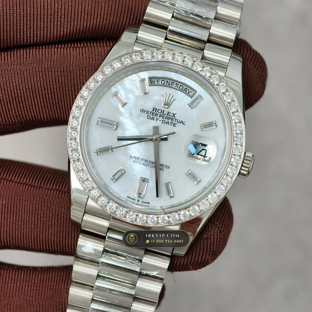 Rolex Day-Date 40 Mother-of-Pearl Dial & Diamond Bezel 18K White Gold Ref. 228349RBR — Private Vault Edition — Studio Gallery Plate III in 18K White Gold Au750 (210.8g Verified Mass, Rolex Manufacture Cal. 3255 - 70h Power Reserve)